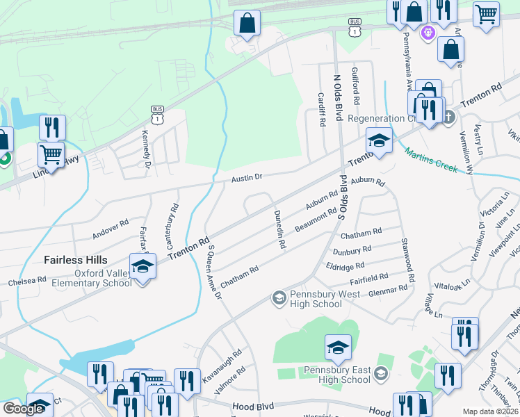 map of restaurants, bars, coffee shops, grocery stores, and more near 645 Trenton Road in Fairless Hills