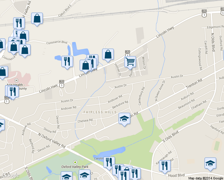 map of restaurants, bars, coffee shops, grocery stores, and more near 454 Austin Drive in Fairless Hills