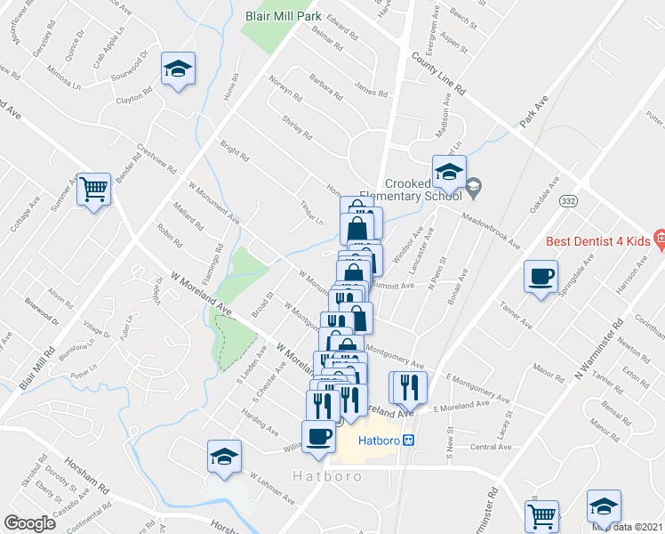 map of restaurants, bars, coffee shops, grocery stores, and more near 16 Concord Place in Hatboro
