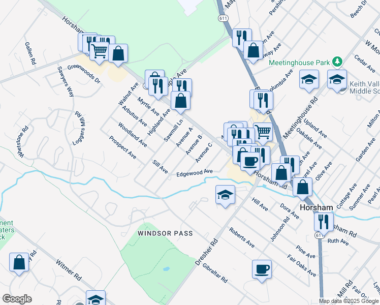 map of restaurants, bars, coffee shops, grocery stores, and more near 419 Avenue B in Horsham