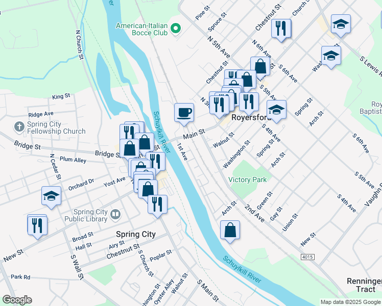 map of restaurants, bars, coffee shops, grocery stores, and more near 58 Clover Place in Royersford