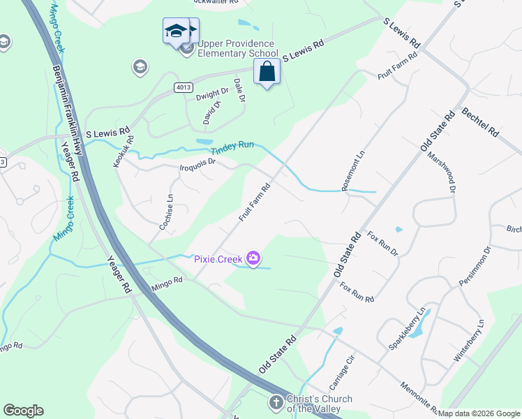 map of restaurants, bars, coffee shops, grocery stores, and more near 470 Fruit Farm Road in Royersford
