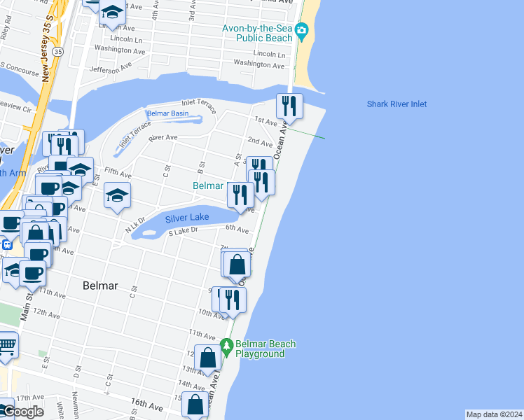 map of restaurants, bars, coffee shops, grocery stores, and more near 498 Ocean Avenue in Belmar