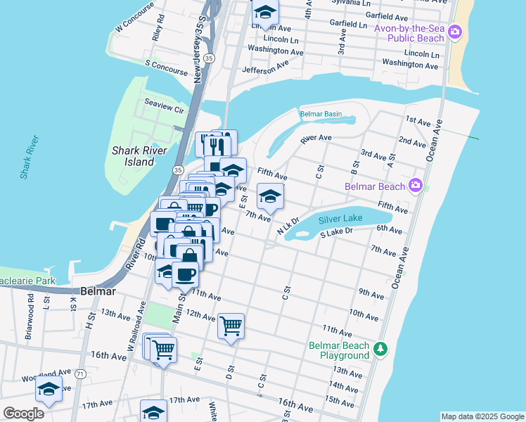map of restaurants, bars, coffee shops, grocery stores, and more near 603 D Street in Belmar