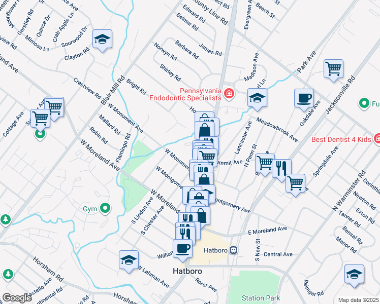 map of restaurants, bars, coffee shops, grocery stores, and more near 16 Concord Place in Hatboro