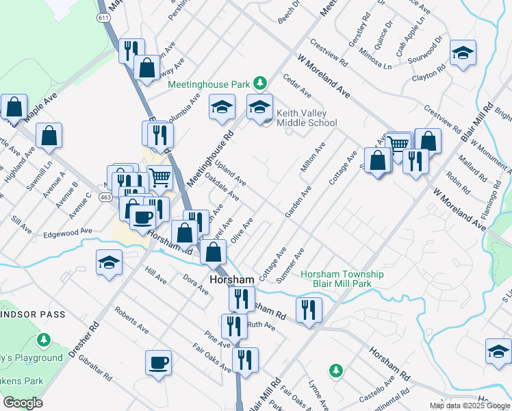 map of restaurants, bars, coffee shops, grocery stores, and more near 226 Oakdale Avenue in Horsham