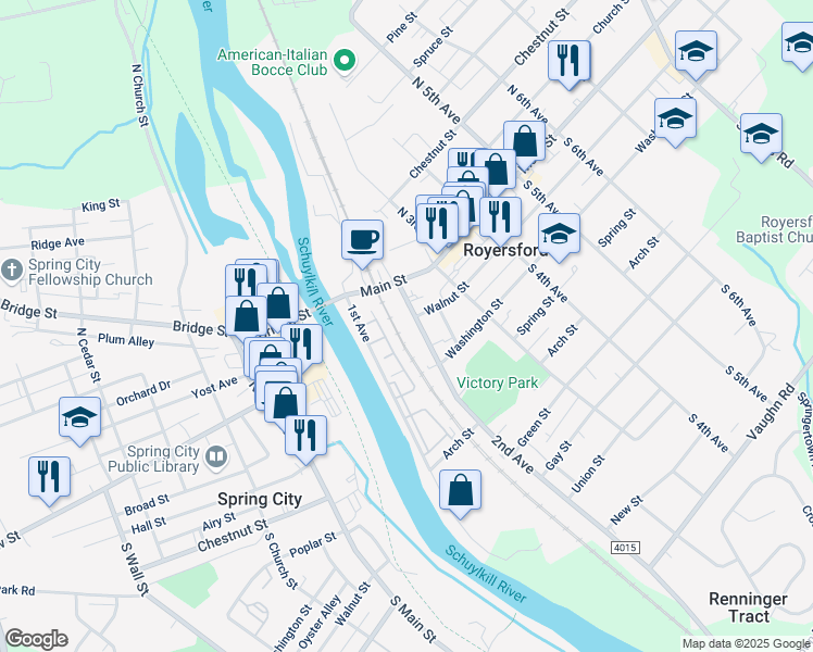 map of restaurants, bars, coffee shops, grocery stores, and more near 109 2nd Avenue in Royersford