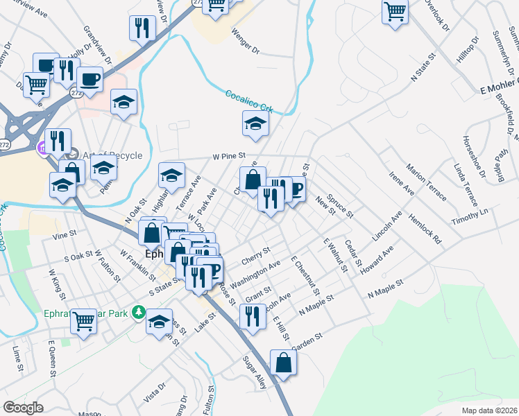 map of restaurants, bars, coffee shops, grocery stores, and more near 254 Duke Street in Ephrata
