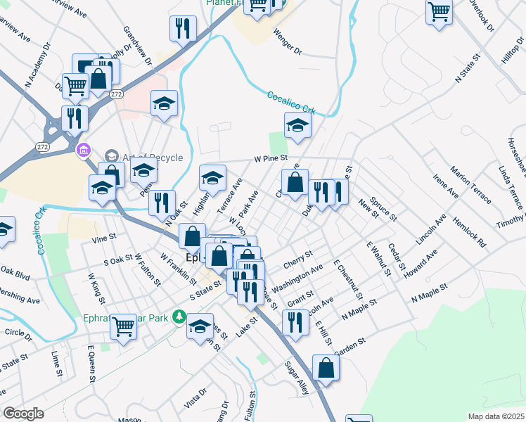 map of restaurants, bars, coffee shops, grocery stores, and more near 129 Park Avenue in Ephrata
