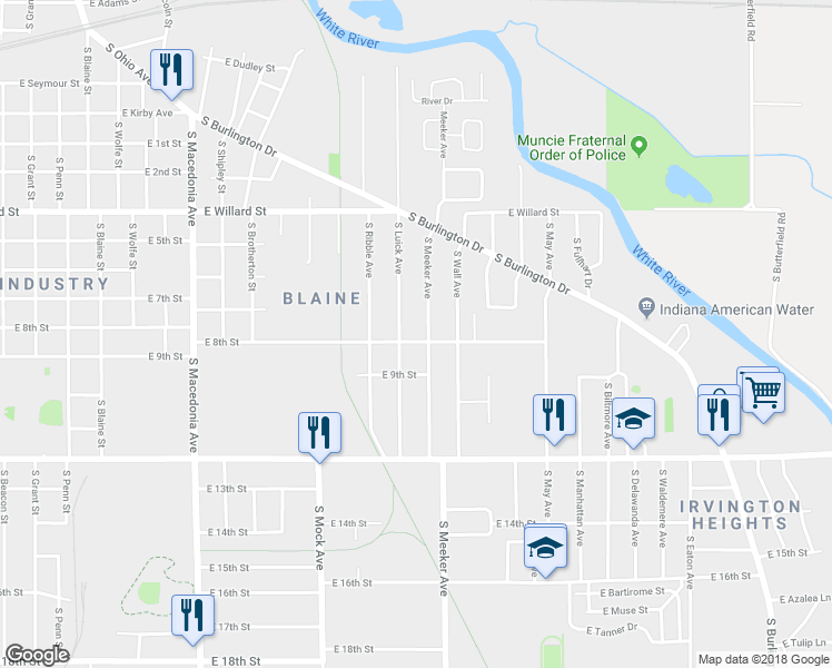 map of restaurants, bars, coffee shops, grocery stores, and more near 2406 E 8th St in Muncie