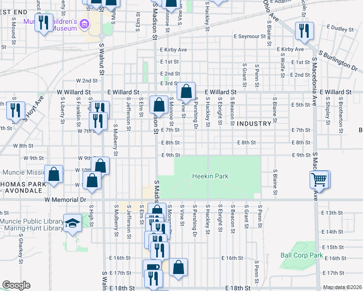map of restaurants, bars, coffee shops, grocery stores, and more near 607 East 8th Street in Muncie