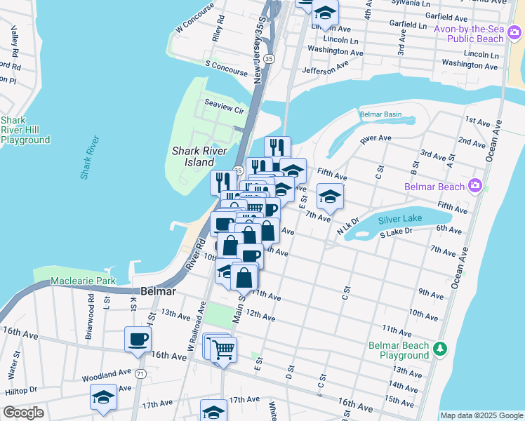 map of restaurants, bars, coffee shops, grocery stores, and more near 705 Main Street in Belmar