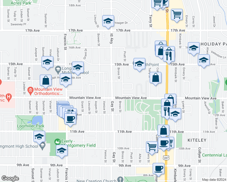 map of restaurants, bars, coffee shops, grocery stores, and more near 1318 Gay Street in Longmont