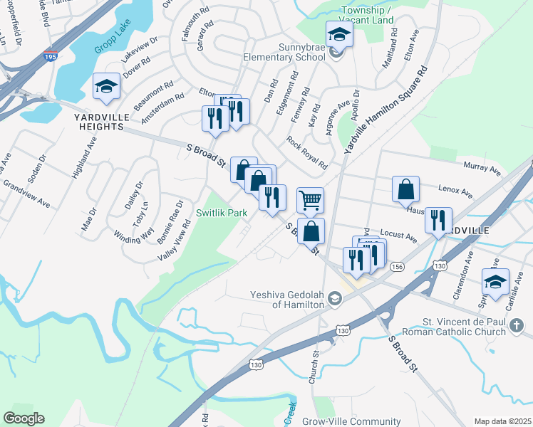 map of restaurants, bars, coffee shops, grocery stores, and more near 4327 South Broad Street in Trenton