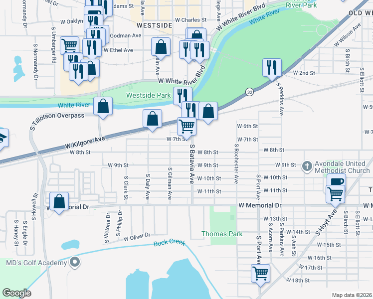 map of restaurants, bars, coffee shops, grocery stores, and more near 2204 West 8th Street in Muncie