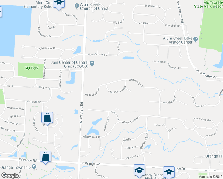 map of restaurants, bars, coffee shops, grocery stores, and more near 2539 Twin Pines Loop in Lewis Center