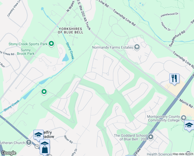 map of restaurants, bars, coffee shops, grocery stores, and more near 112 Medinah Drive in Blue Bell