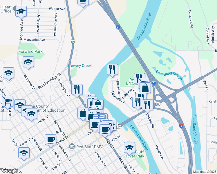 map of restaurants, bars, coffee shops, grocery stores, and more near 1045 Lakeside Drive in Red Bluff