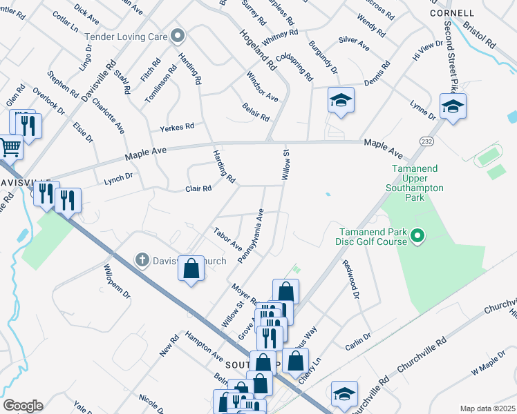 map of restaurants, bars, coffee shops, grocery stores, and more near 1020 Pennsylvania Avenue in Southampton