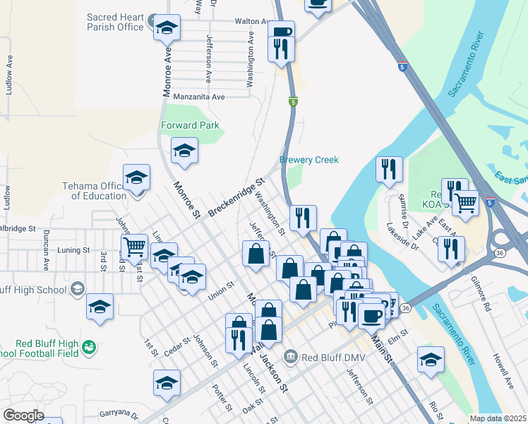 map of restaurants, bars, coffee shops, grocery stores, and more near 1255 Washington Street in Red Bluff