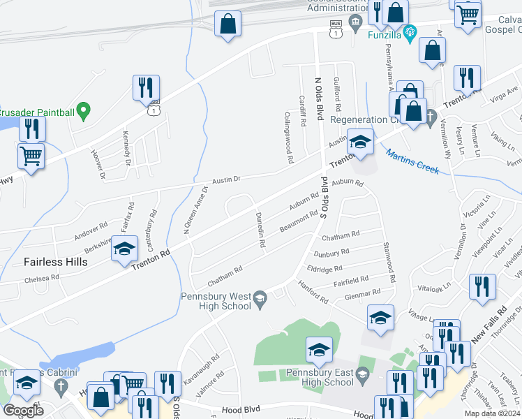 map of restaurants, bars, coffee shops, grocery stores, and more near 100 Dunedin Road in Fairless Hills