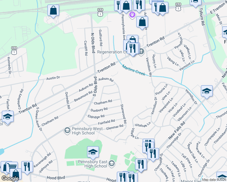 map of restaurants, bars, coffee shops, grocery stores, and more near 817 Chesterton Road in Fairless Hills