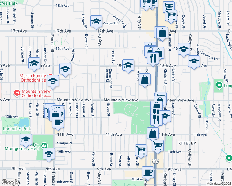 map of restaurants, bars, coffee shops, grocery stores, and more near 1013 Townley Circle in Longmont