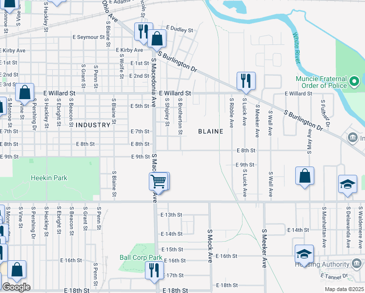 map of restaurants, bars, coffee shops, grocery stores, and more near 1416 South Brotherton Street in Muncie