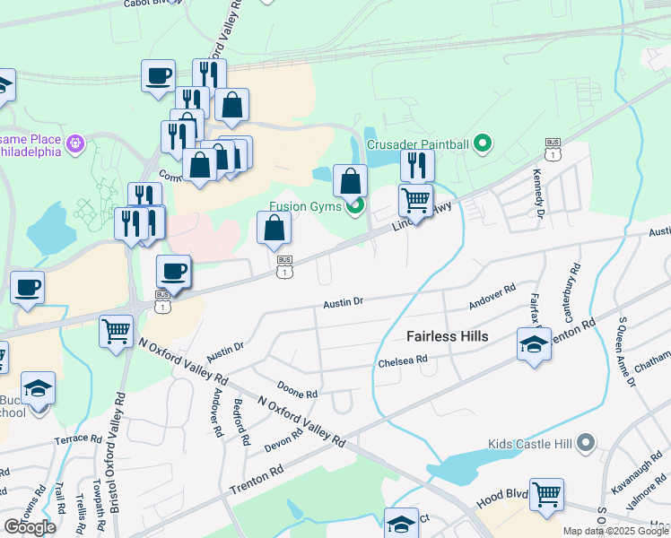 map of restaurants, bars, coffee shops, grocery stores, and more near 155 Mercer Court in Fairless Hills