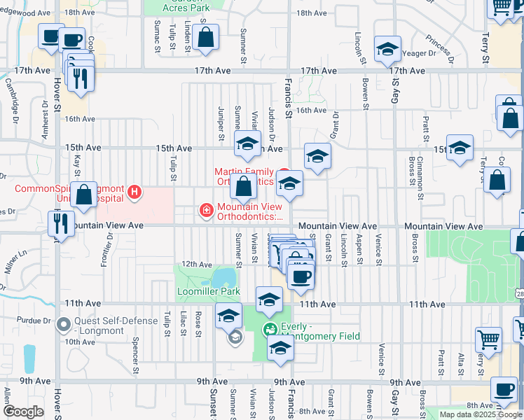 map of restaurants, bars, coffee shops, grocery stores, and more near 1321 Judson Street in Longmont