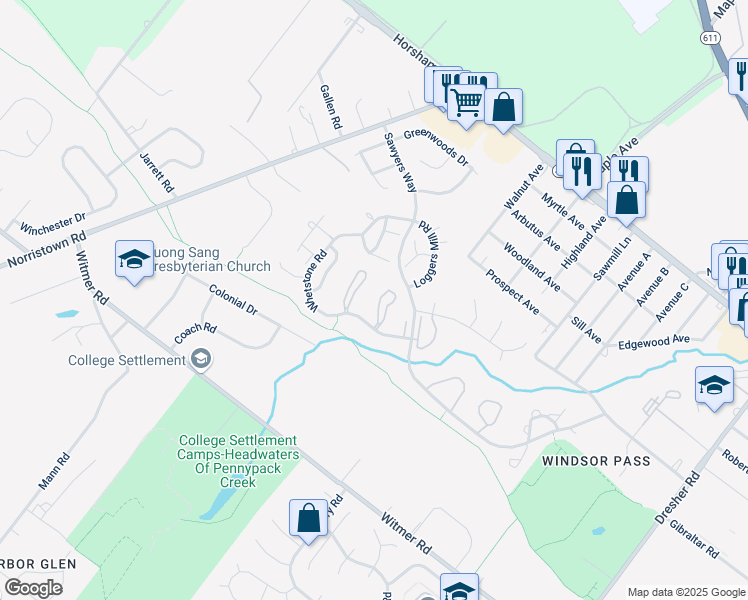 map of restaurants, bars, coffee shops, grocery stores, and more near 84 Ember Lane in Horsham