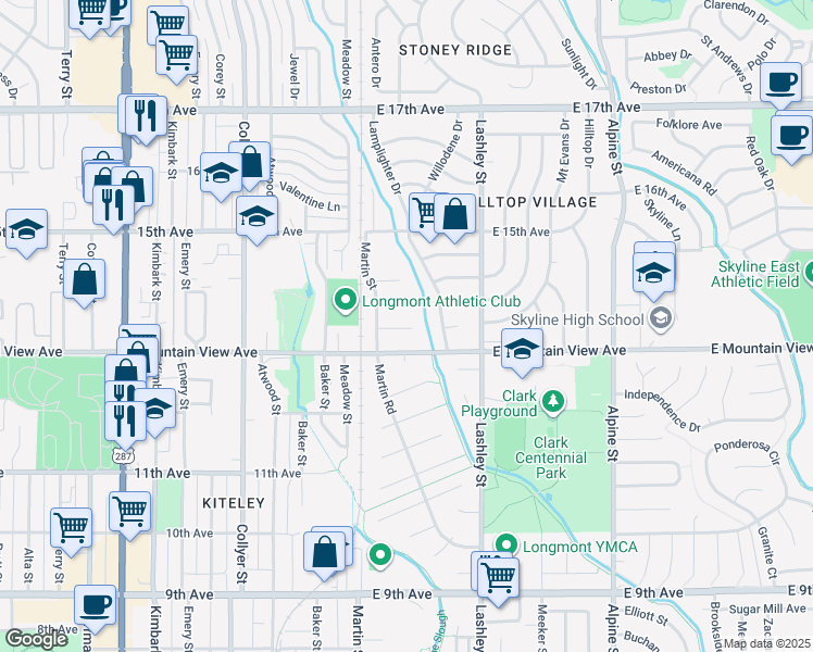 map of restaurants, bars, coffee shops, grocery stores, and more near 26 Anchorage Court in Longmont