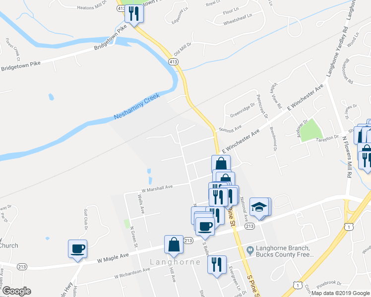 map of restaurants, bars, coffee shops, grocery stores, and more near 417 North Bellevue Avenue in Langhorne