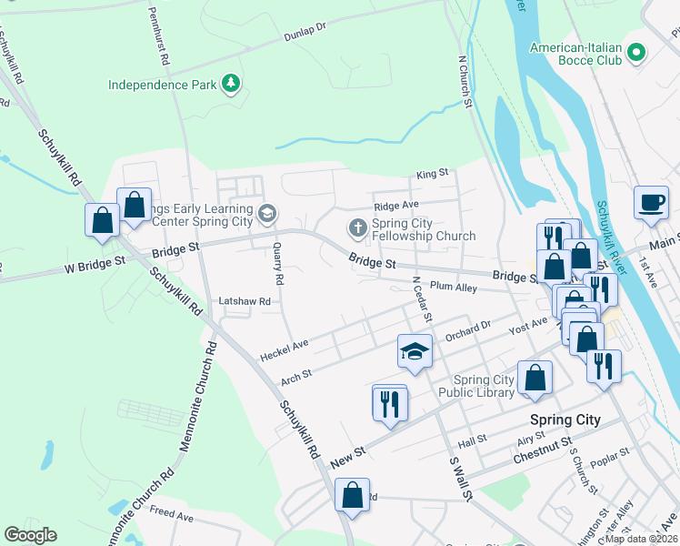 map of restaurants, bars, coffee shops, grocery stores, and more near 312 South Haverfield Drive in Spring City