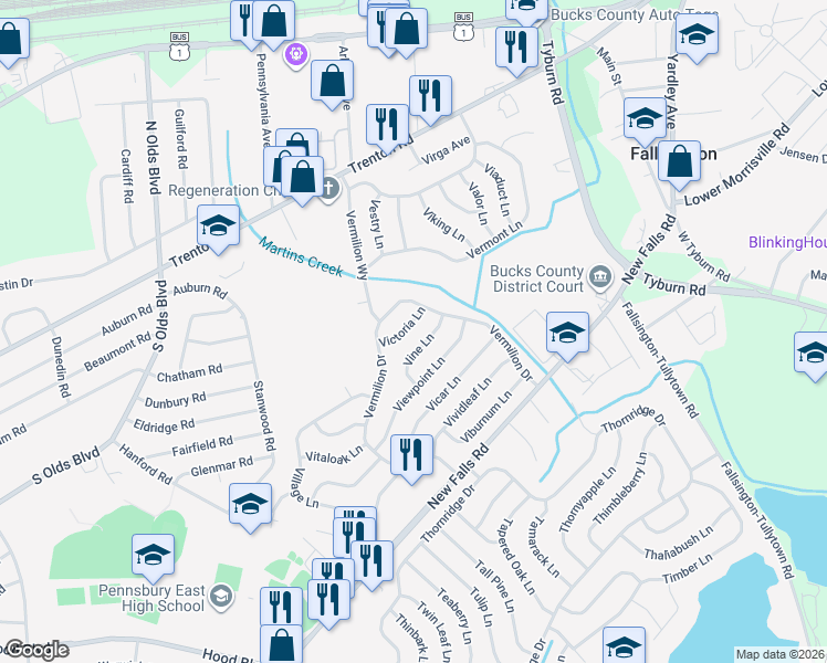 map of restaurants, bars, coffee shops, grocery stores, and more near 14 Victoria Lane in Levittown