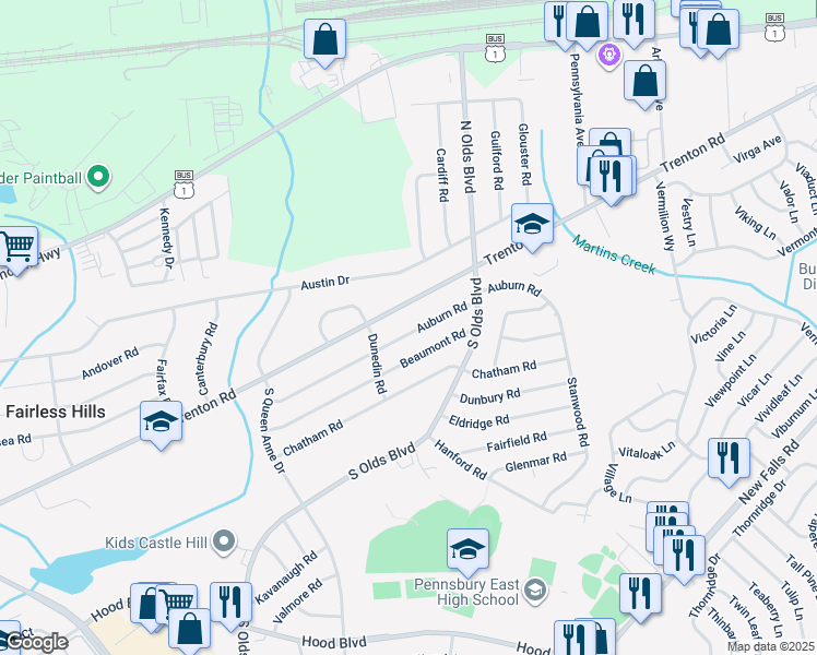 map of restaurants, bars, coffee shops, grocery stores, and more near 711 Auburn Road in Fairless Hills