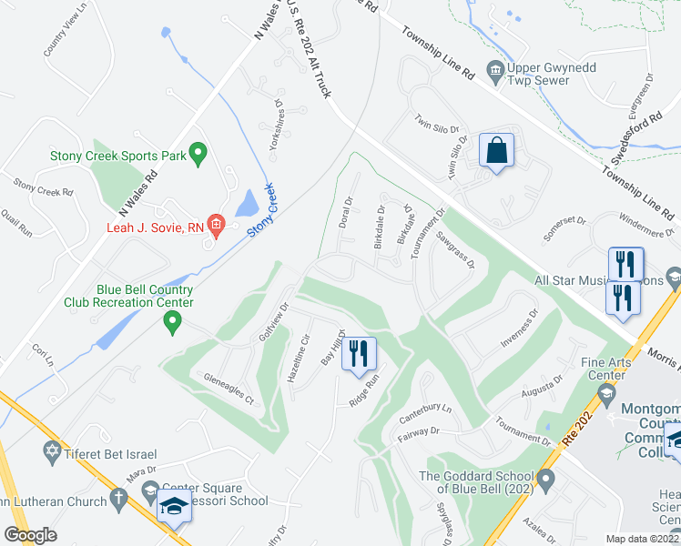 map of restaurants, bars, coffee shops, grocery stores, and more near 129 Medinah Drive in Blue Bell