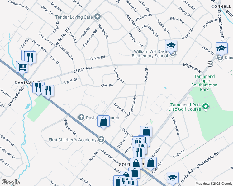 map of restaurants, bars, coffee shops, grocery stores, and more near 938 Willopenn Drive in Southampton