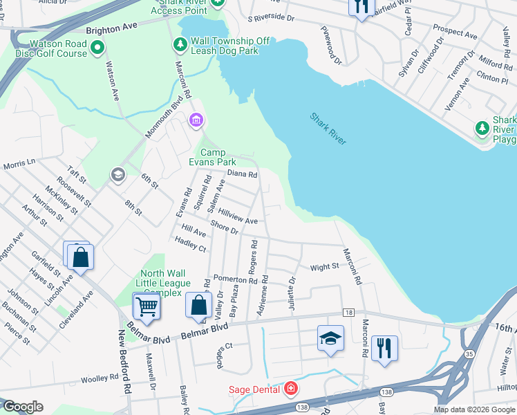 map of restaurants, bars, coffee shops, grocery stores, and more near 1909 Marconi Road in Wall Township