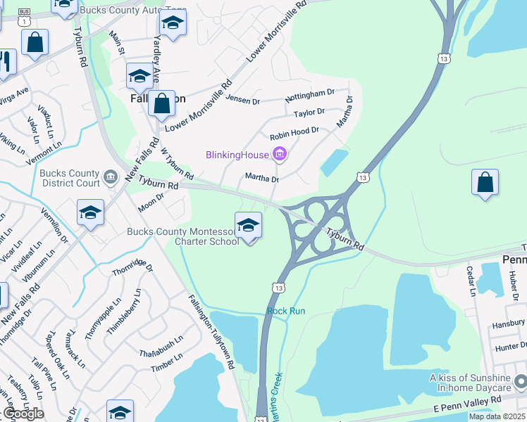 map of restaurants, bars, coffee shops, grocery stores, and more near 221 Tyburn Road in Fairless Hills