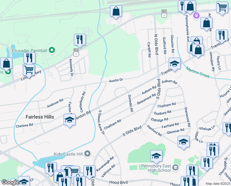 map of restaurants, bars, coffee shops, grocery stores, and more near 120 Lebbie Lane in Fairless Hills