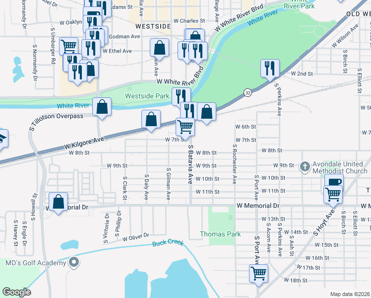 map of restaurants, bars, coffee shops, grocery stores, and more near 2204 West 8th Street in Muncie