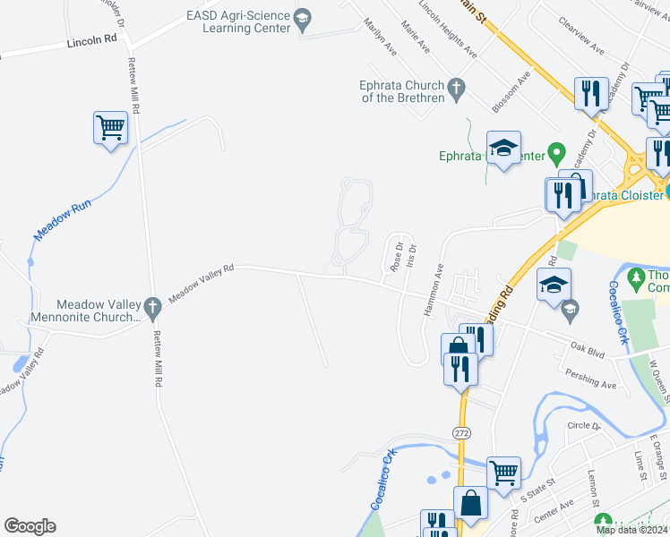 map of restaurants, bars, coffee shops, grocery stores, and more near 53 Fieldcrest Lane in Ephrata
