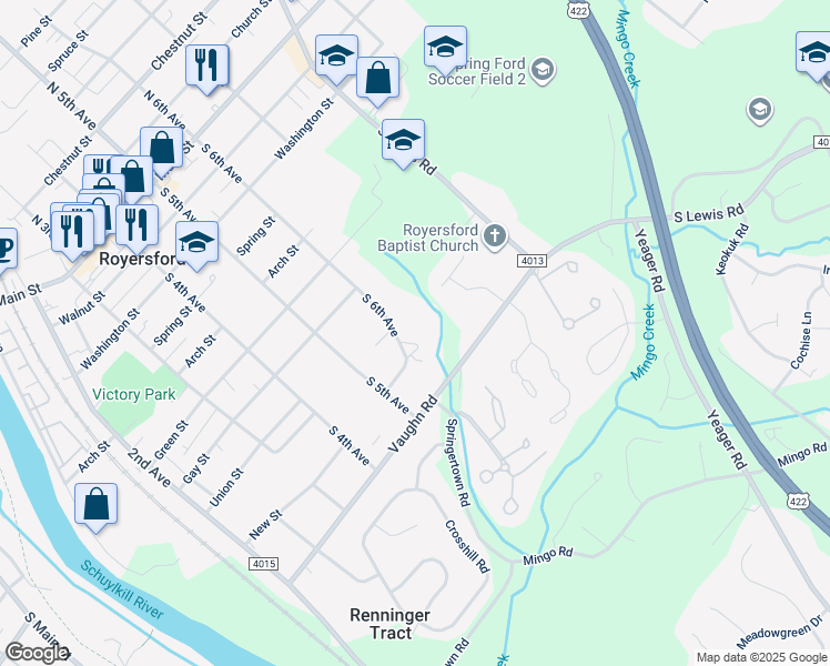 map of restaurants, bars, coffee shops, grocery stores, and more near 25 Fords Edge in Royersford
