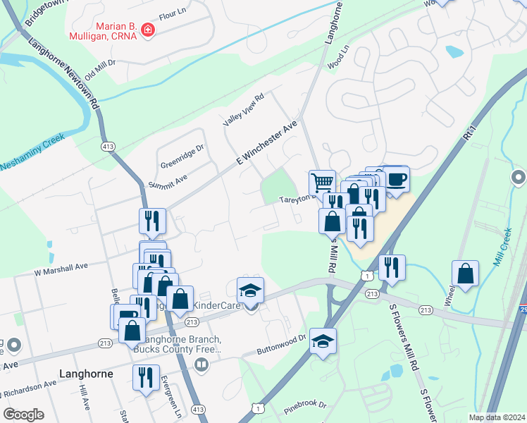 map of restaurants, bars, coffee shops, grocery stores, and more near 258 Tareyton Drive in Langhorne