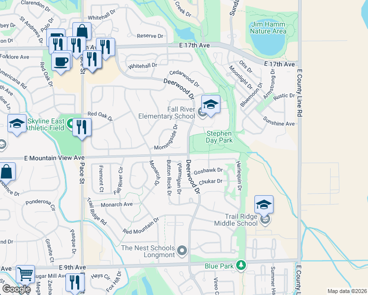 map of restaurants, bars, coffee shops, grocery stores, and more near 1317 Bramble Place in Longmont