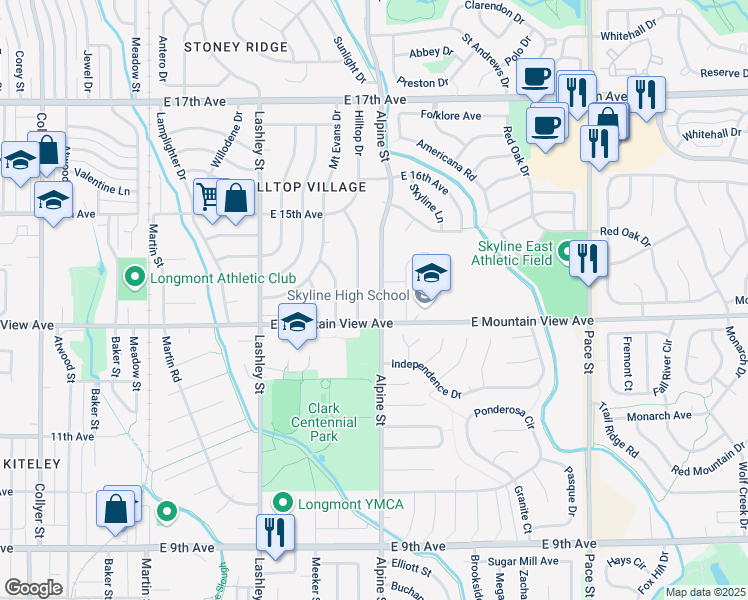 map of restaurants, bars, coffee shops, grocery stores, and more near 1316 Hilltop Drive in Longmont