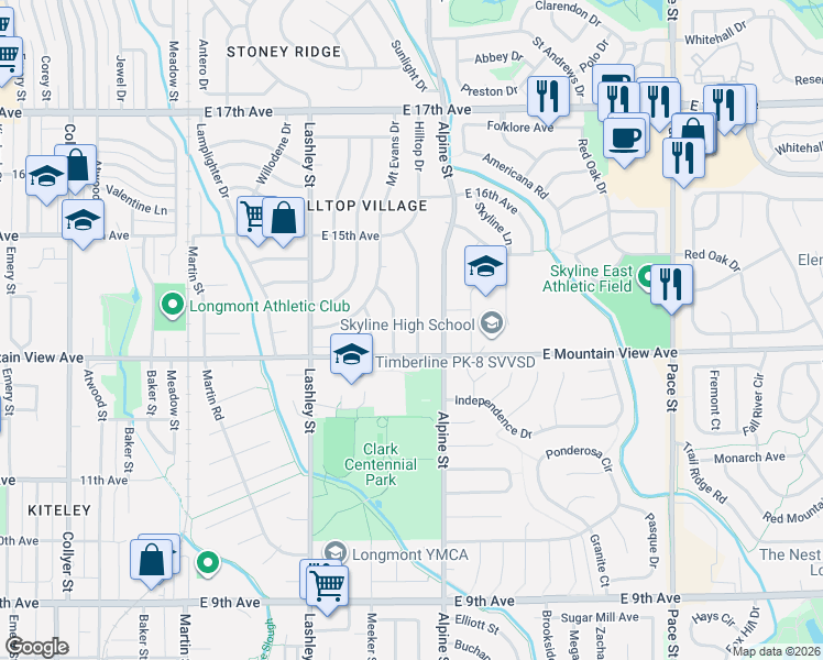 map of restaurants, bars, coffee shops, grocery stores, and more near 1316 Hilltop Drive in Longmont