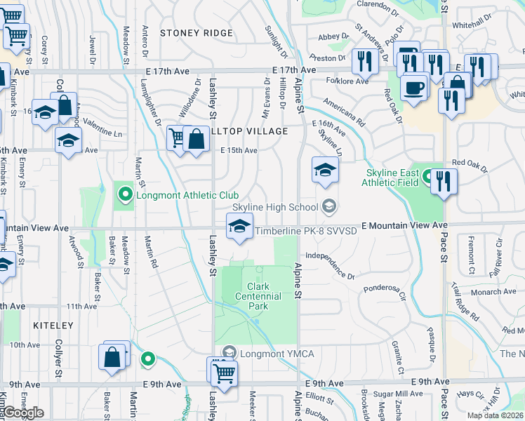 map of restaurants, bars, coffee shops, grocery stores, and more near 1318 Grays Peak Drive in Longmont