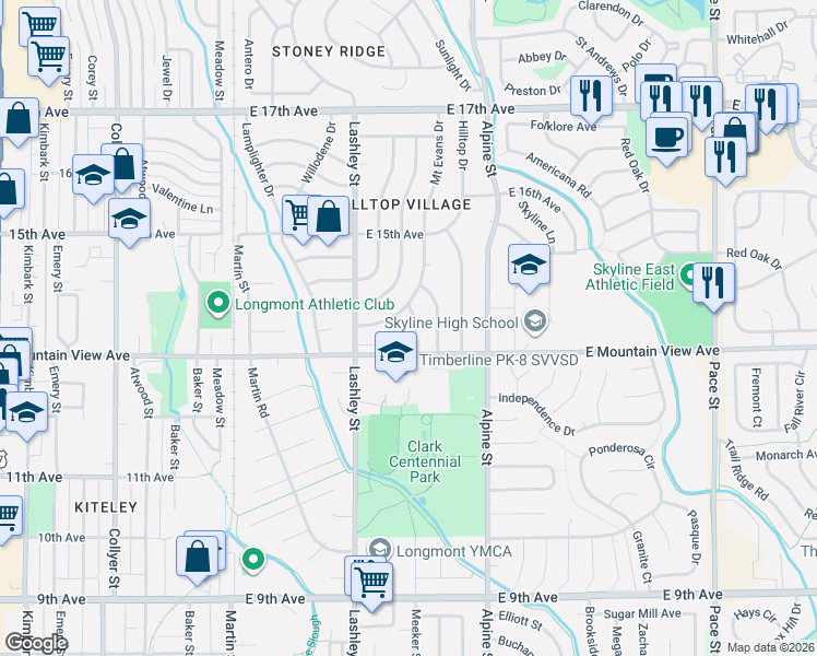 map of restaurants, bars, coffee shops, grocery stores, and more near 1318 Grays Peak Drive in Longmont